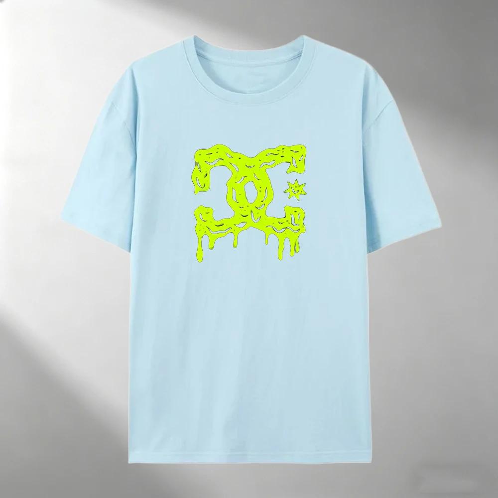 Unisex Pure Cotton T Shirt Fluorescent Green Melting Logo Print Short Sleeve Top Casual Streetwear Loose Male Summer Daily Wear Tee