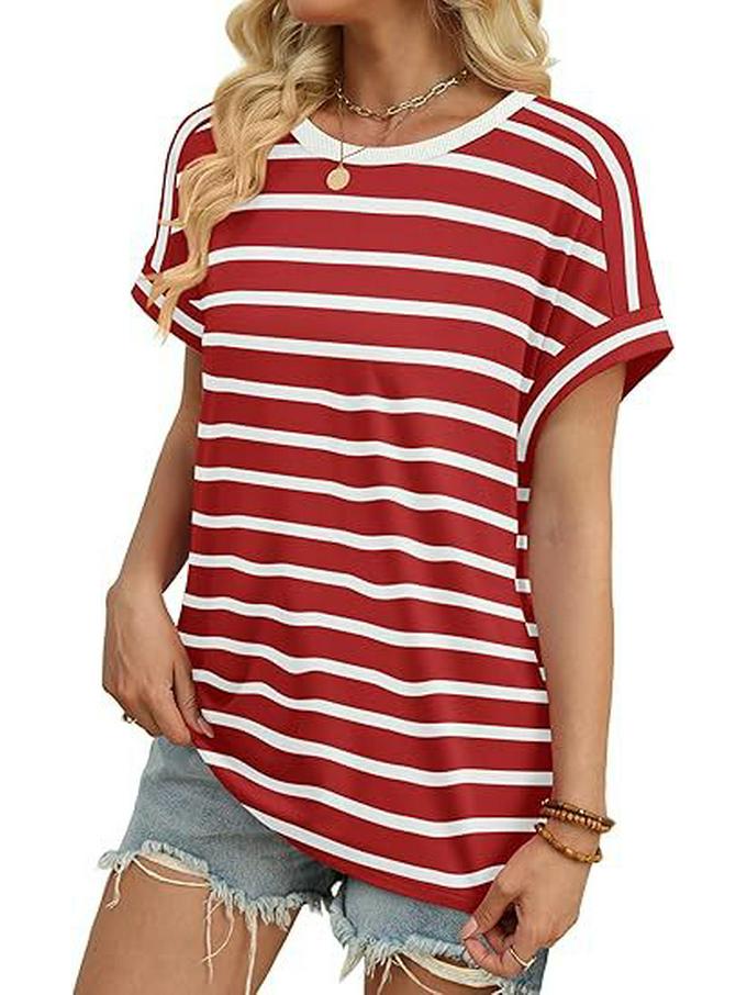 Temu 2023 Women's Colorful Striped Round Neck Pullover Casual T-shirt