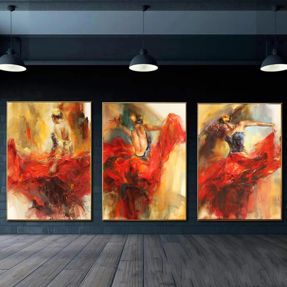 Moderní barevný plakát Španělské flamenco Krása Tanečnice Umění Olejomalba na plátně Vintage Tisky Figur Nástěnné umění Obrázky Domácí dekorace