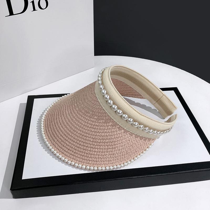 Women'S Summer New Fresh Beach Hat With Pearls Open Top Sun Hat Fashionable Raffia Straw Hat
