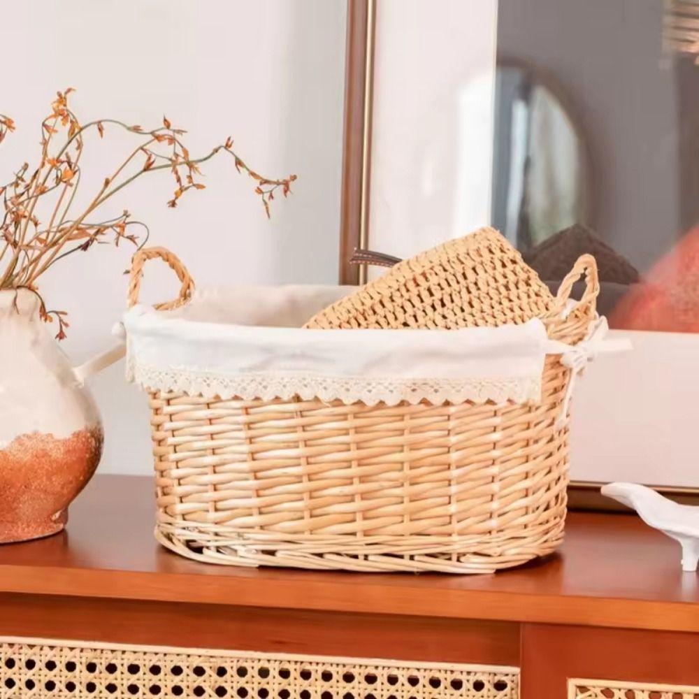 Handmade Desktop Weaving Basket Two-Sided Handle Willow Weaving Toy Basket  Home Decor