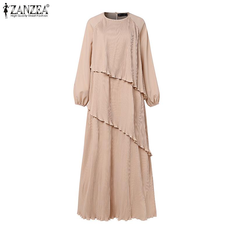 ZANZEA Women Casual O-Neck Ankle Length Lantern Sleeve Pleated Design Dress
