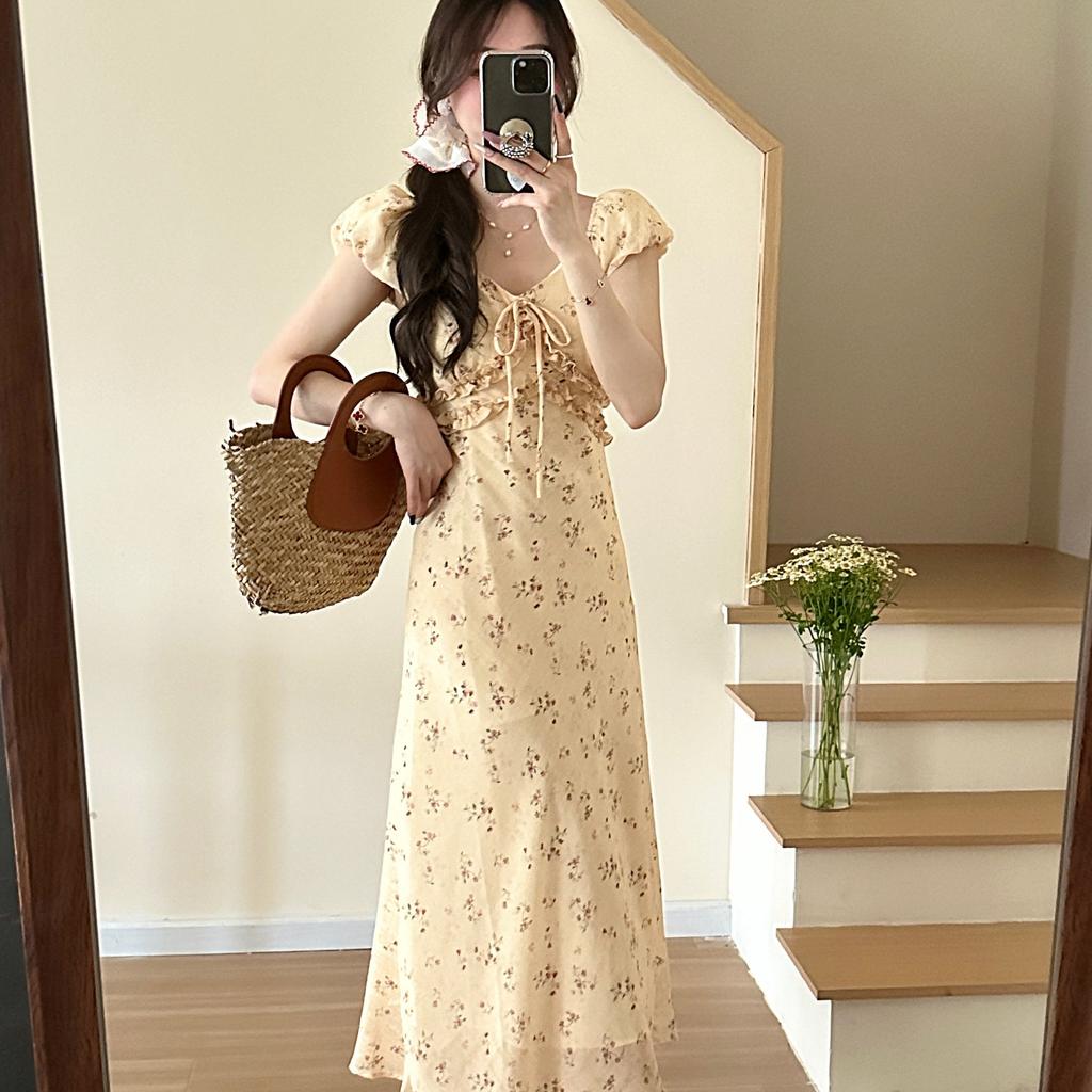 French beautiful V-neck floral dress women's summer new holiday style temperament waist long dress tea break dress