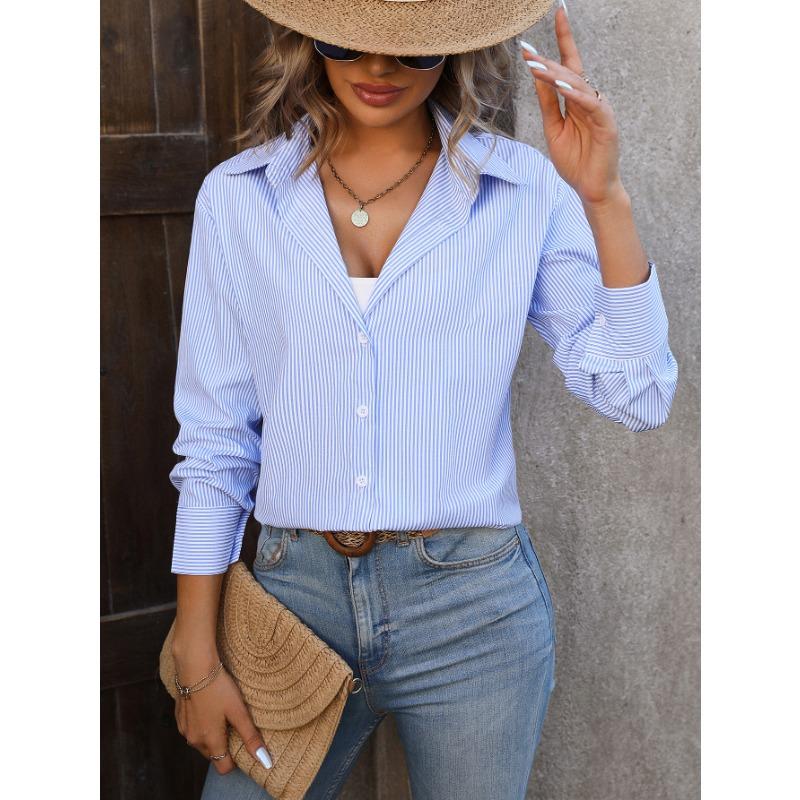 Women's Spring and Autumn Loose Commuter Casual Long-sleeved Pinstripe Shirt