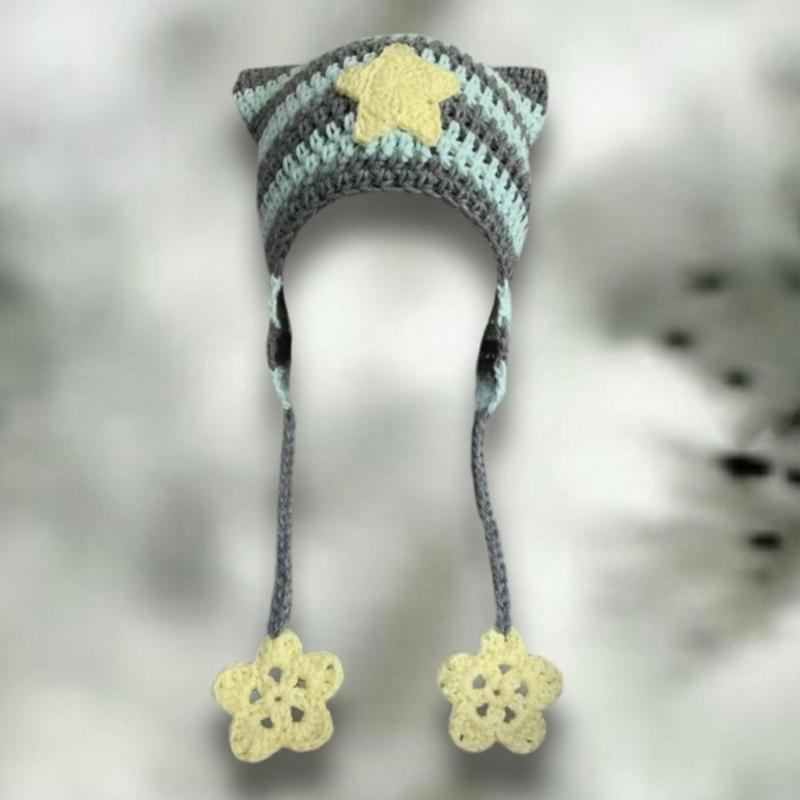 Girl Cartoon Kitten Ear Striped Knit Beanie Hat Y2K Star Party Hat Photo Props Hot Girl Cute Slouchy Knitting Hat