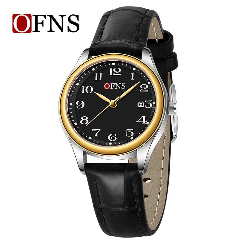 OFNS Couple's Wristwatch - Waterproof, Luminous, Quartz Watch with Steel or Leather Strap, Calendar Feature, for Casual or Business.