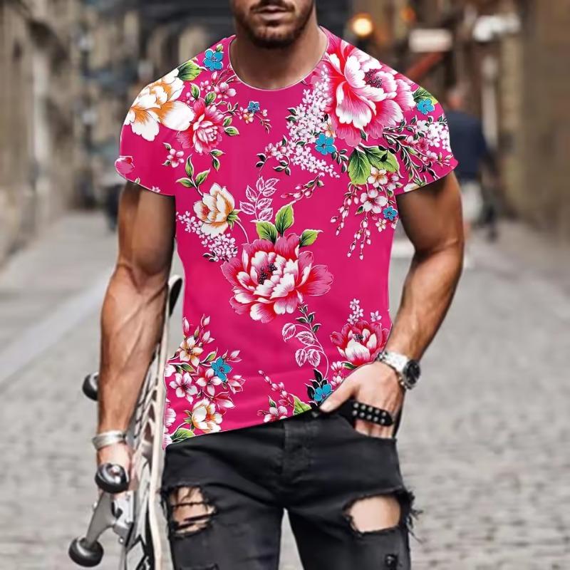 Men's Big Flower Casual Tees Summer Short Sleeve Round Neck Popular Clothes 3D Print Graphic Streetwear T-Shirts