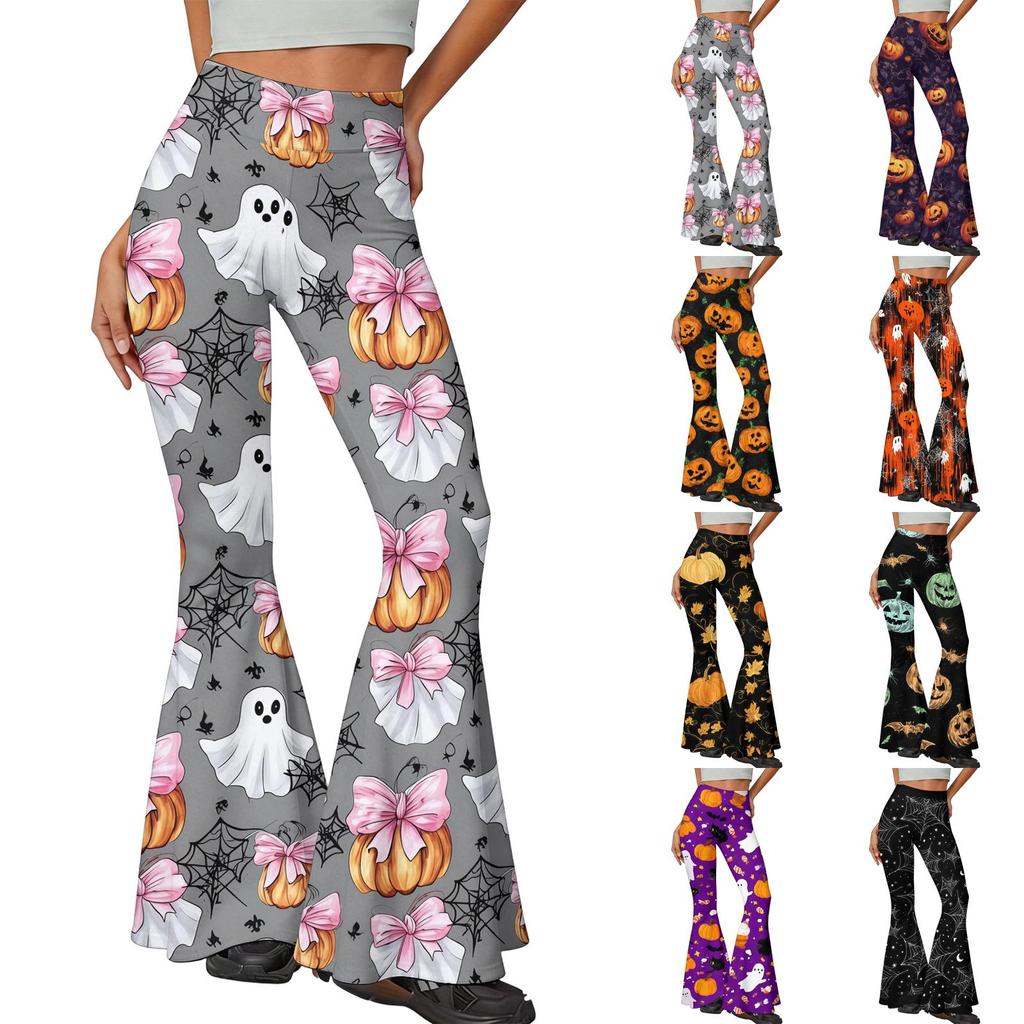 Women's Halloween Print Yoga Pants - Flared Leggings, Casual Stretchy Bell Bottom Pants for Women, for Yoga, Daily Wear and Party