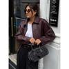 Women's Wine Red Pu Leather Short Jacket Fashion Autumn Lapel Collar Zipper High Street Loose Overcoats Ladies Button Outerwears