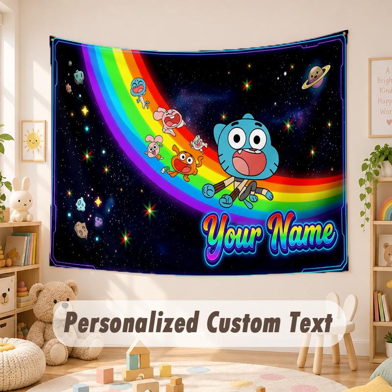 Arazzo con Testo Nome Personalizzato, Incredibile Mondo di Gumball Boho da Appendere al Muro, Arazzo Decorativo da Sfondo per Stanza