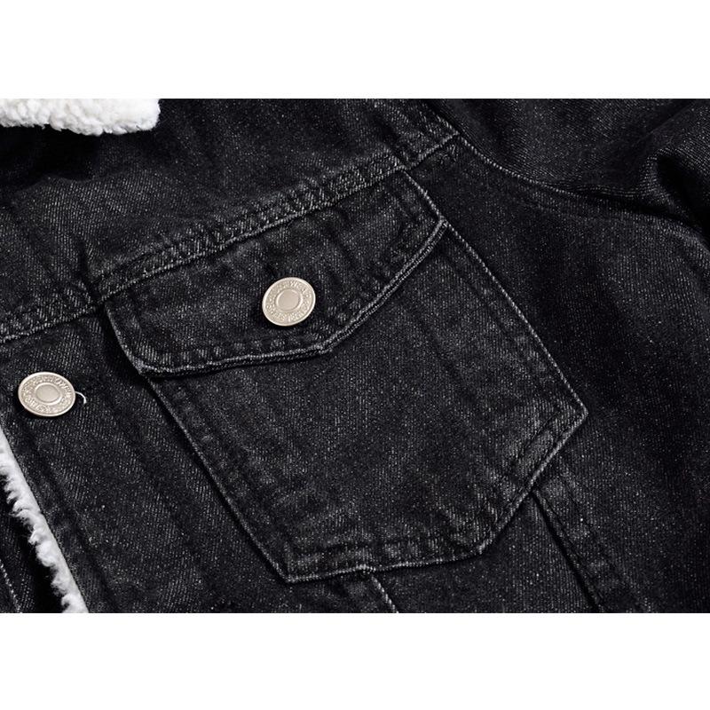 Men's Plus Size Black Denim Jacket with Thick Lambswool Lining