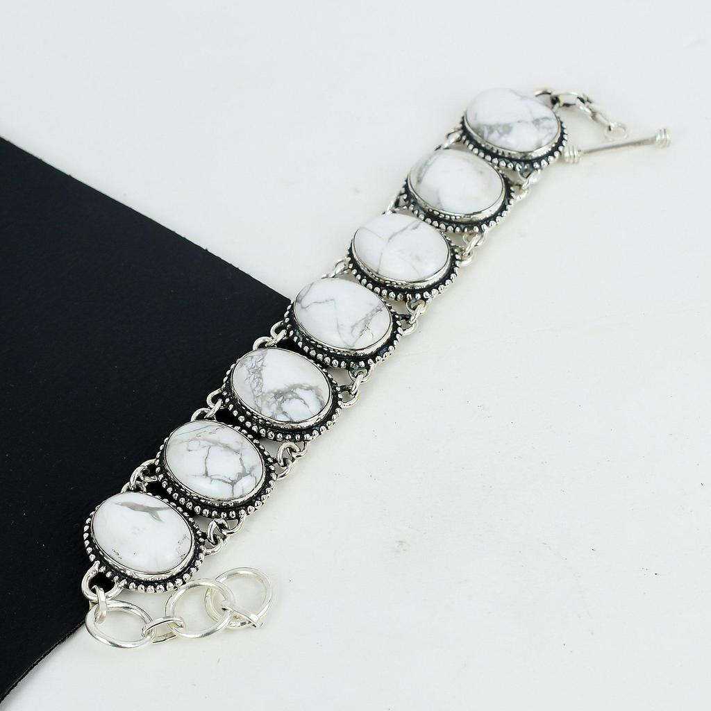 Natural Howlite Gemstone Handmade Jewelry, 925 Sterling Silver Bracelet, Howlite Bracelet For Wife , Unisex Bracelet, Father's Day Gift