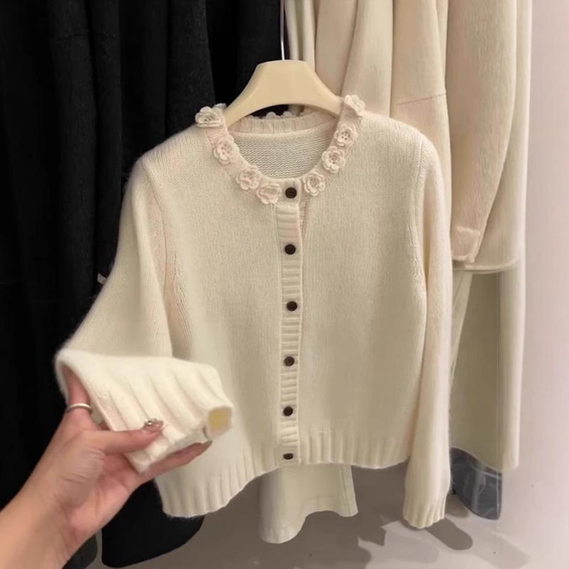 High-end rose white single-breasted knitted cardigan women's autumn new sweet