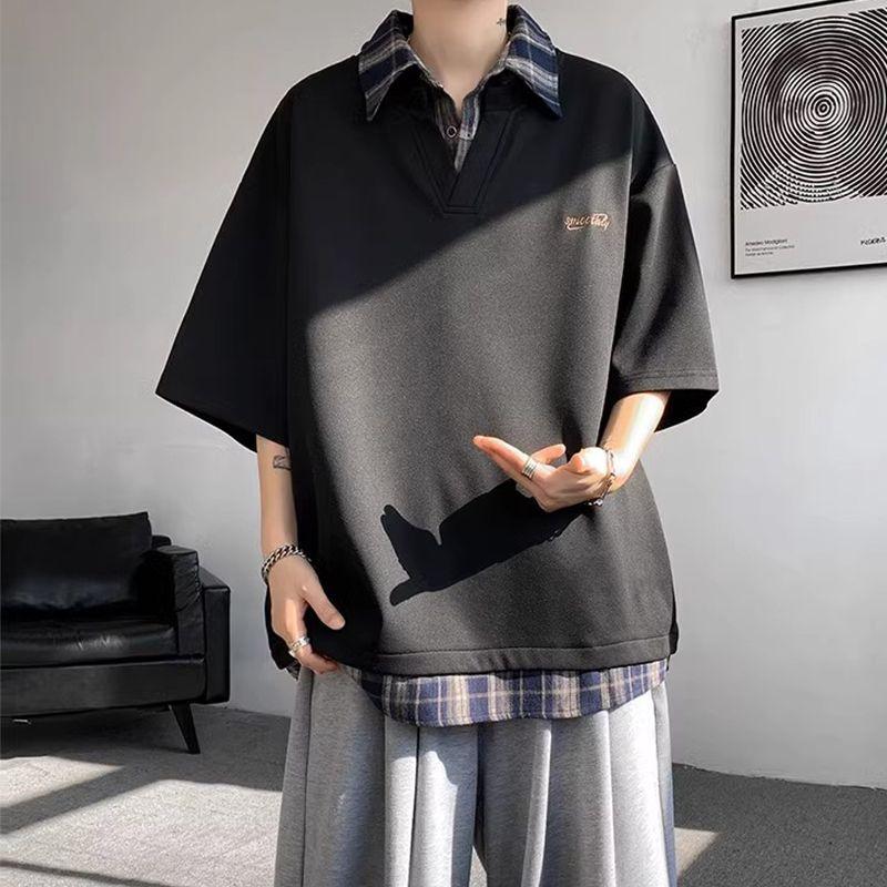 

Мужские пуловеры в клетку «два в одном» на лето, с воротником поло, свободного кроя, американская ретро-стиль, с буквенным принтом, повседневные, стильные, лоскутные футболки XXXL чёрный