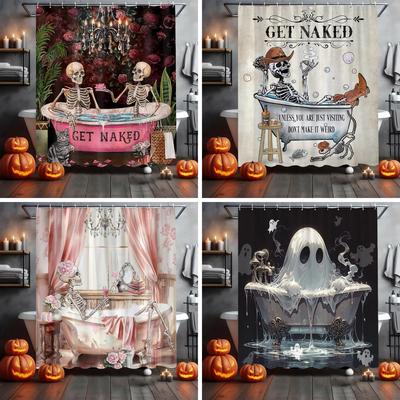 Gotická lebka kostra sprchový závěs Halloween Vintage Strašidelný Vtipný Černá růže kost v vaně Retro květinový Jedinečná koupelnová dekorace
