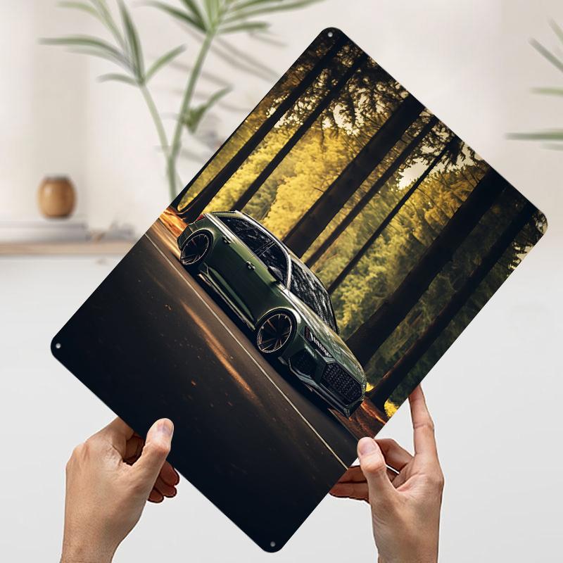 Green Sports Car RS6 in Forest Poster Customized Wall Art Vintage Metal Signs Retro Tin Plaque for Man Cave Bedroom Decorations