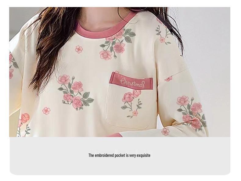 Damen Plus Size Süßes Rundhals-Loungewear-Set - Baumwoll-Schlafanzug für Frühling & Herbst mit Brustpolstern