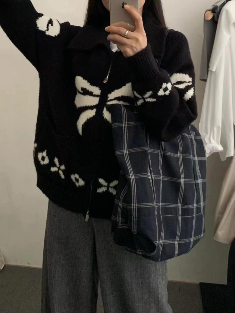 Autumn French Fashion Sweet Knitted Cardigan Women Harajuku White Design Aesthetic Print Sweater Female New Casual Elegant Chic Warm Coat