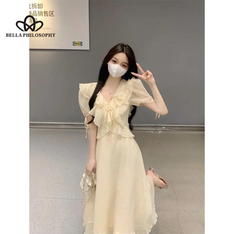 Letní nové volánové šaty s výstřihem do V Jemné elegantní jednobarevné šaty s krátkým rukávem, dlouhým rukávem