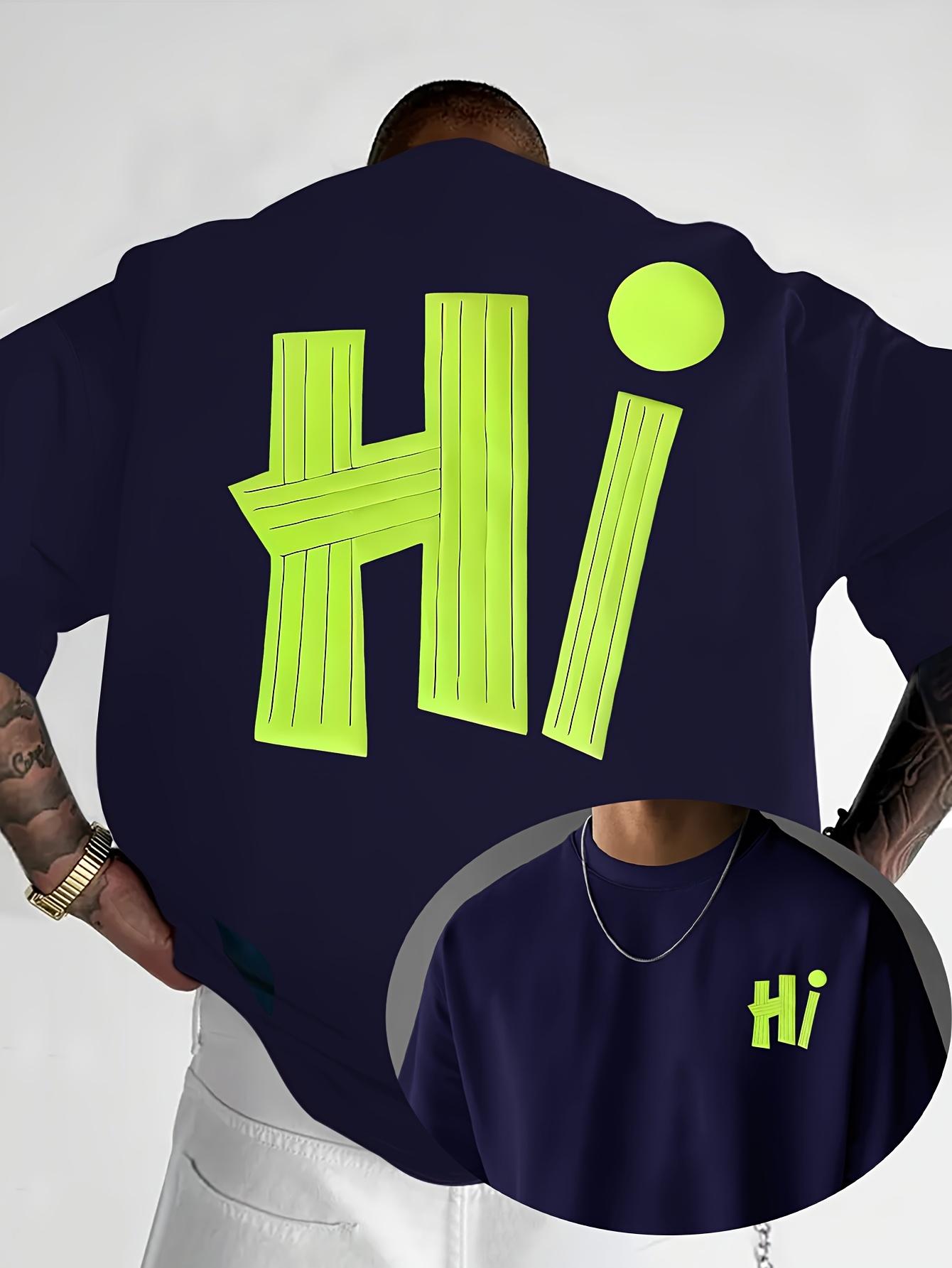 HI Letter Print T-Shirt - Front & Back Graphic Crewneck Short Sleeve Top with HI, Casual Summer Wear Suitable for Outings,, Everyday 4XL