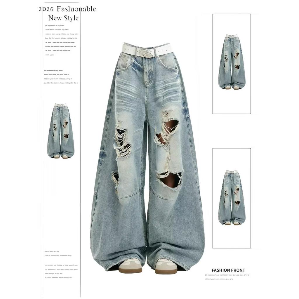 American retro ruffian handsome old ripped jeans men's and women's new high street loose straight wide-leg trousers