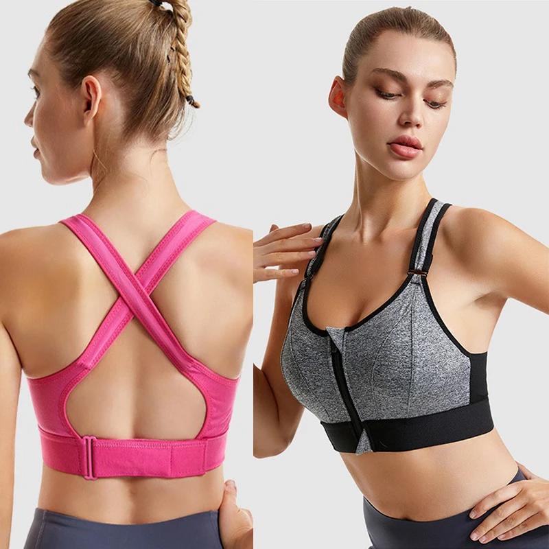 Aiithuug Sexy sportovní podprsenka pro ženy se zapínáním na zip vpředu, s ramínky do kříže, polstrovaná, nárazuvzdorná, push-up, bezešvá, bez kostic, na cvičení a do posilovny
