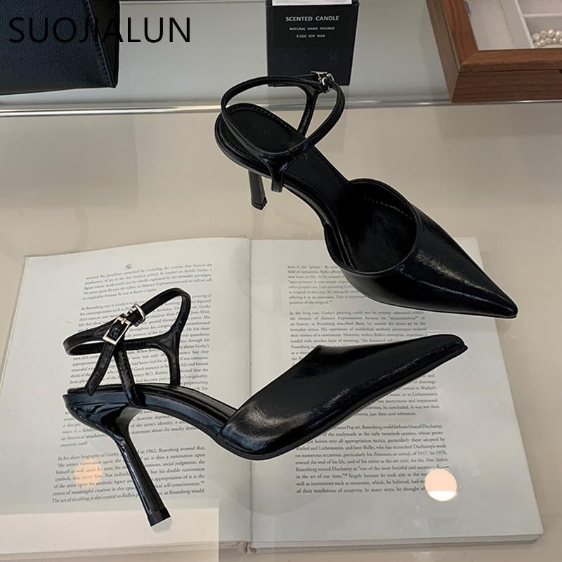Mode SUOJIALUN 2025 Neue Marke Damen Pumps Schuhe Mode Rote Slingback Schuhe Spitze Zehenpartie Dünner Hoher Absatz Outdoor Kleid Party Pumps