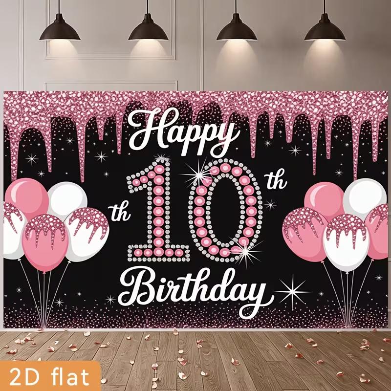 2D 10th Birthday Backdrop, Pink Sparkle Drip with Balloons Photography Background