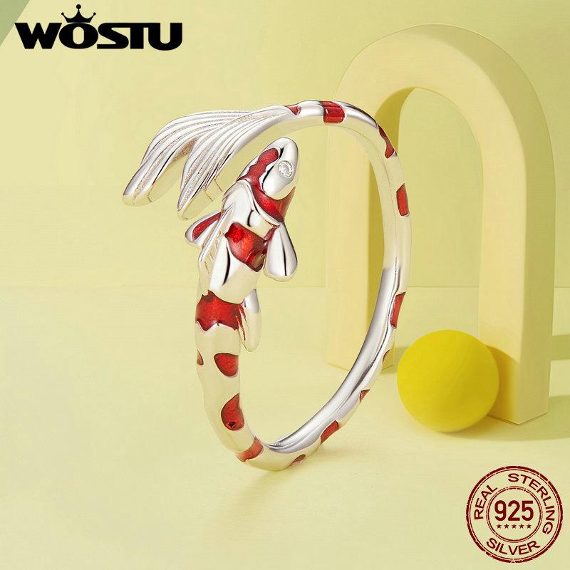 WOSTU 925 Sterling Silver Lucky KOI Fish Open Ring Red Fish Tail Stud Earrings Unique Birthday Jewelry Gift For mom Lover Girl