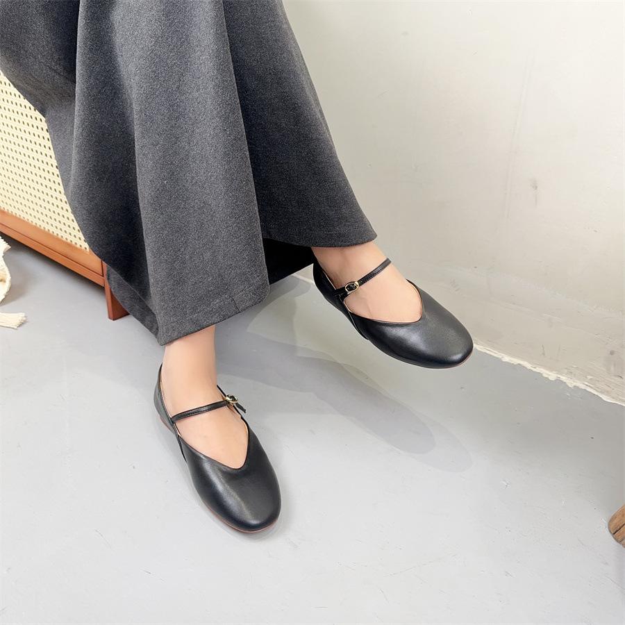 Johnature Handmade Genuine Leather Women's Shoes Retro Round Toe Soft Soled Belt Buckle Flat Shoes