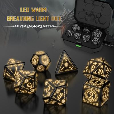 7Pcs/Set LED Light-up Dice Type-C Rechargeable Glowing Multi-sides Dice Warm Glow D4 D6 D8 D10 D12 D20 Electric Dice Adults Family Night Party Board