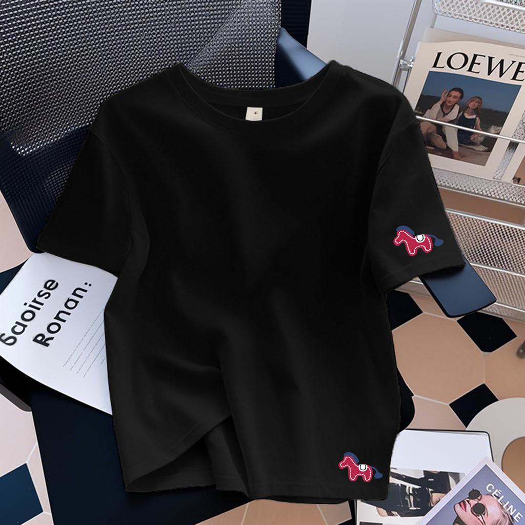 Women's Round Neck Short Sleeve Cute Horse Printed Loose Fit Korean Casual T Shirt Basic Cotton Top 2026 New Spring Daily Ins Style Layering Blouse