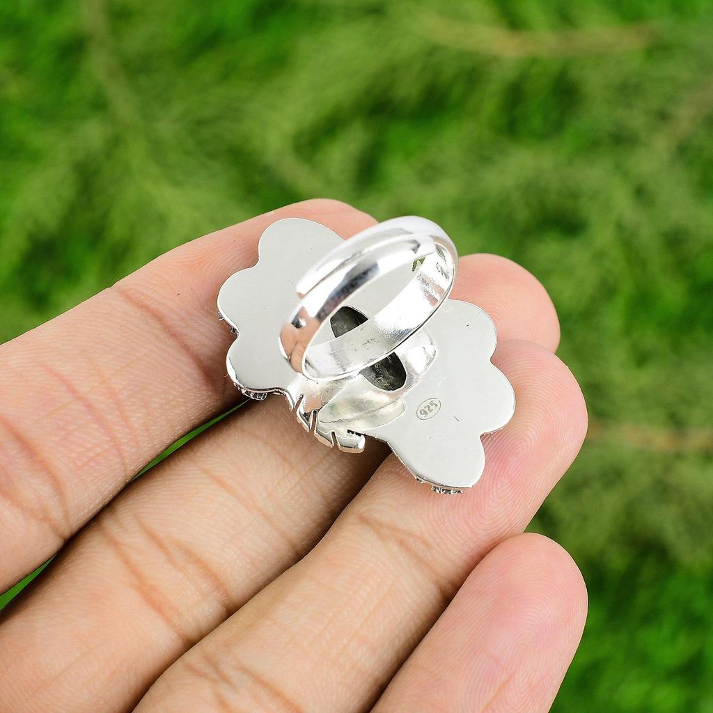 Natural Zebra Jasper 925 Silver Stackable Flower Adjustable Ring For Women
