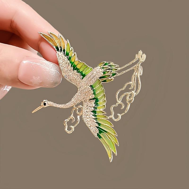 Chinese Style Elegant Rhinestone Green Enamel Wings Crane Clouds Brooches for Women Flying Birds Lapel Pins Party Jewelry