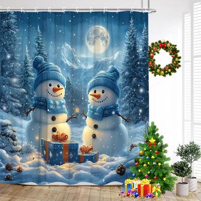 GAECute Blue Snowman Shower Curtains Winter Forest Cedar Snow Mountain New Year Christmas Home Bathroom Curtain Decor With Hoo