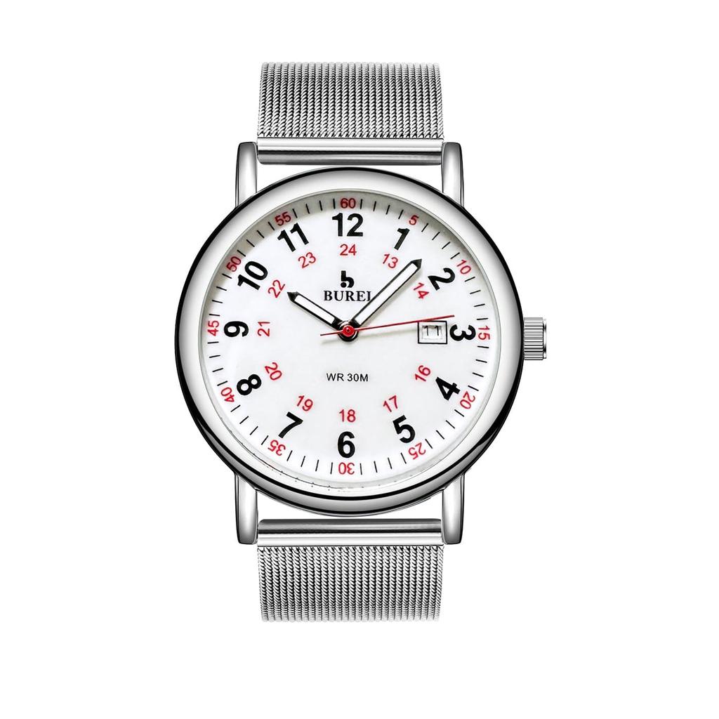 BUREI Analog Quartz Date Luminous Silver Stainless Steel Simple and Perfect for or Any Perfect Gift Women's Watch, Waterproof, 24-Hour Display,