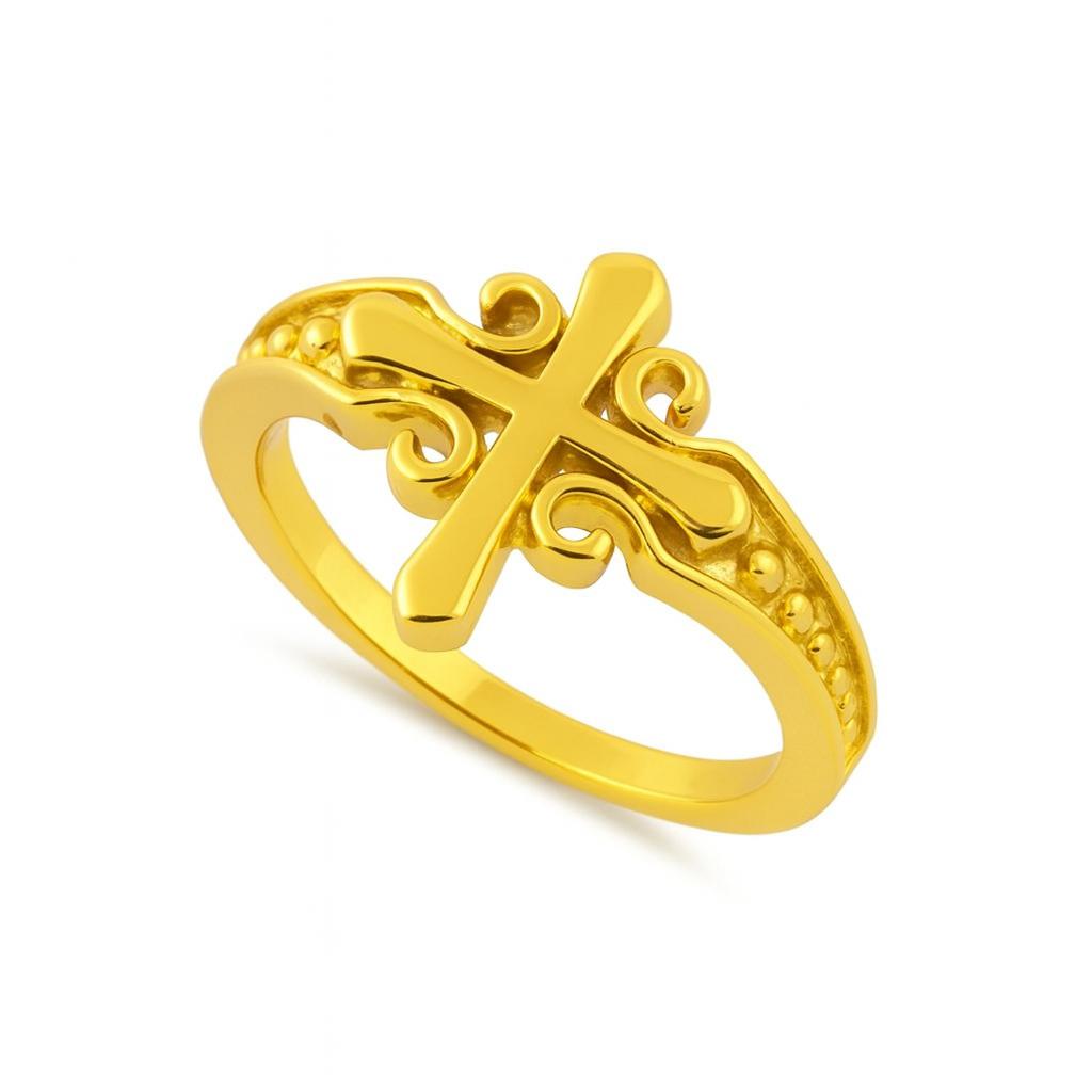 

925 Sterling Silver Gold Vermeil Ornate Cross Women Ring 10.5 жовтий