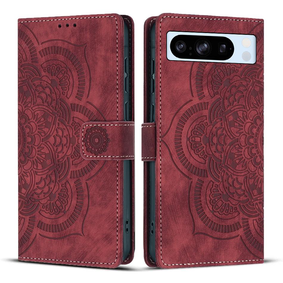 

For Google Pixel 8 Pro Leather Case WANLONFENG HDM Series Mandala Imprint Wallet Stand Phone Cover Wine Red