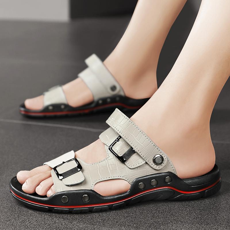 Romerske sandaler for menn svart hvitt skinn Gladiator sandaler utendørs sommer romerske sandaler for menn Peep Toe åpen tå strandsko