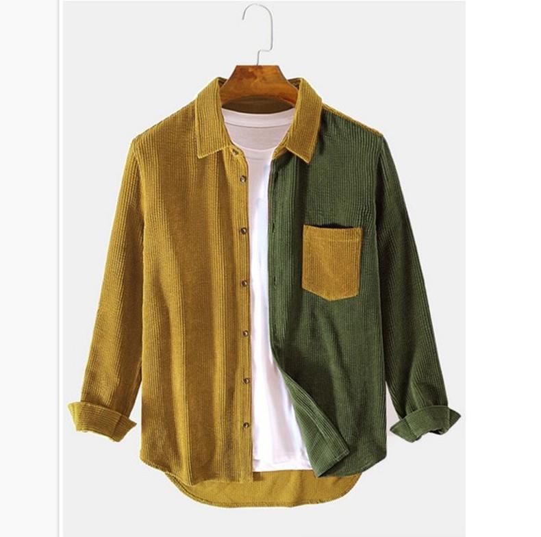 Men's Spring and Autumn Long-sleeved Color Collision Lapel Corduroy Shirt Youth Fresh Casual Comfortable Tops