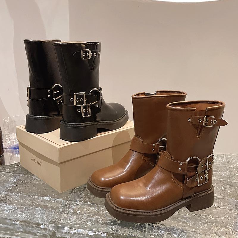 Herbst und Winter 2025 neue Retro Lokomotive Ritterstiefel Metallgürtelschnalle Quadratische Spitze Zigarettenstiefel Damen Hersteller