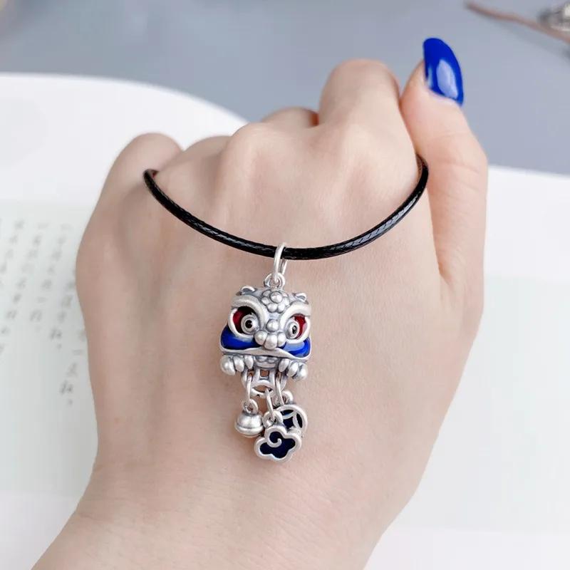 Blue Cute Small Pendant   Lion Dancing Tassel Necklace Chinese Style Copper Coin Design Banquet Couple Jewelry Gift