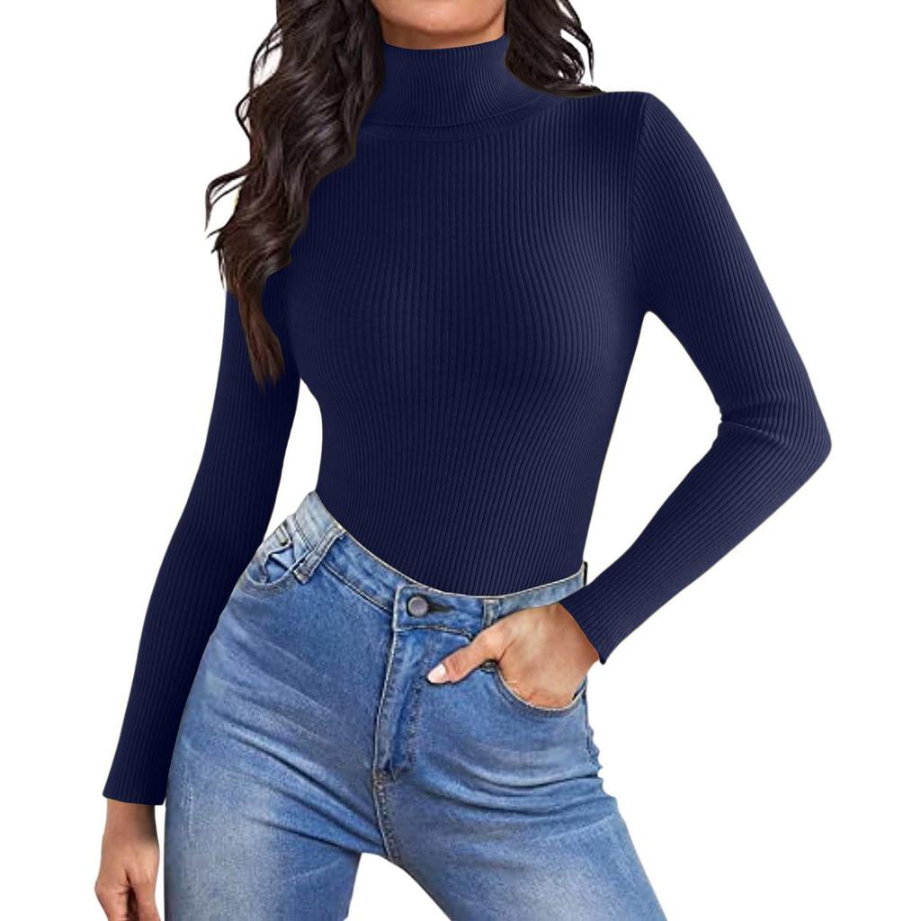 Women's Fashion High Neck Slim T-Shirt Long Sleeve Pullover Solid Colour Top