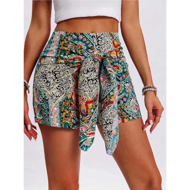 Printed High-waisted Short Pants with Bohemian Style Front Tie Shorts