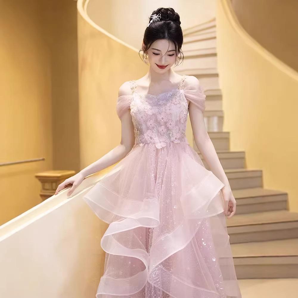 Pink Suspender French Evening Dress 1011 New Light Luxury Niche Banquet Engagement Dress Host Adult Dress