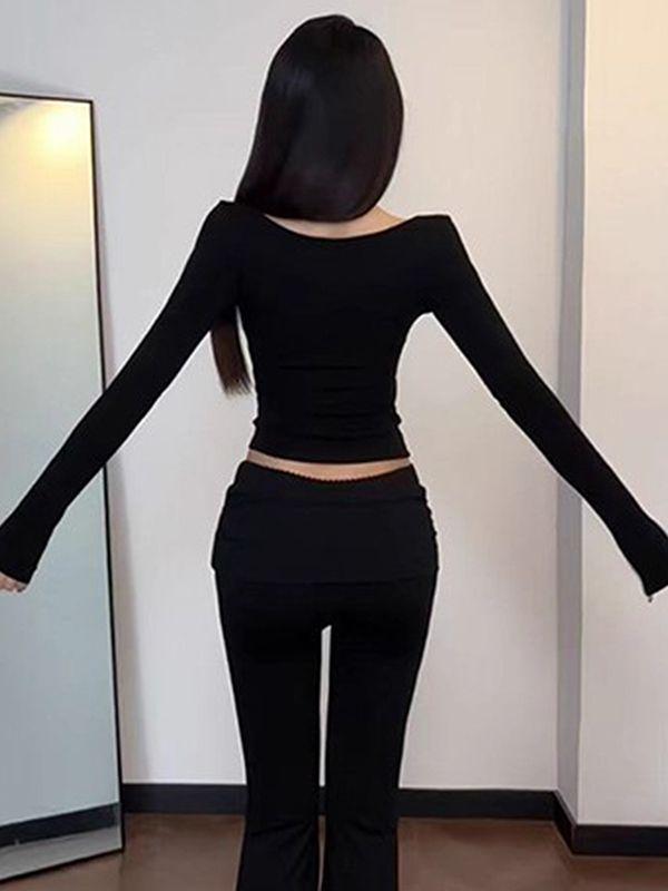 Chic Black Gradient V-Neck Mesh Long-Sleeve Base Layer Top for Women