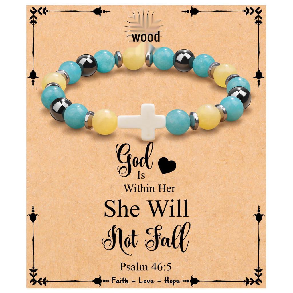 Emperor Stone Pink Zebra Beaded Bracelet with Cross Charm
