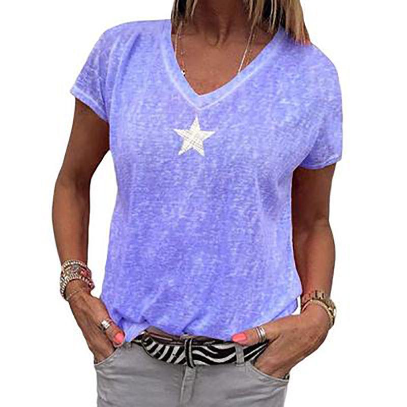Stylish Women V-neck T-shirt Casual Loose Star Summer Shirts Solid Short Sleeve Perfect For Outdoor Activities