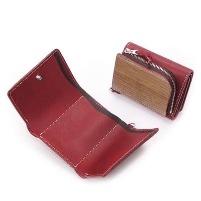 Portefeuille à trois volets, petit, grande capacité, porte-monnaie, cuir véritable, bois naturel, cuir, fabriqué au Japon, rouge