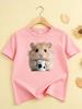 2026 Summer Girls Round Neck Tshirt Casual Pure Cotton Top with Hamster Print Cute and Unique Short Sleeves Girl Clothes